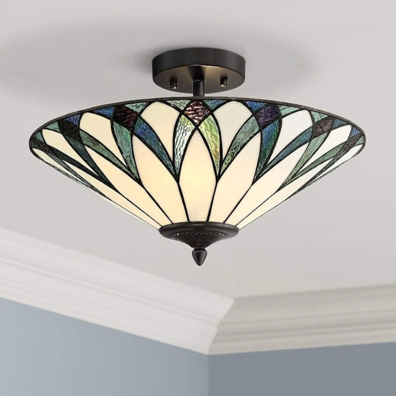 18 Inch Tiffany Style Blue Stained Glass Semi Flush Fixture