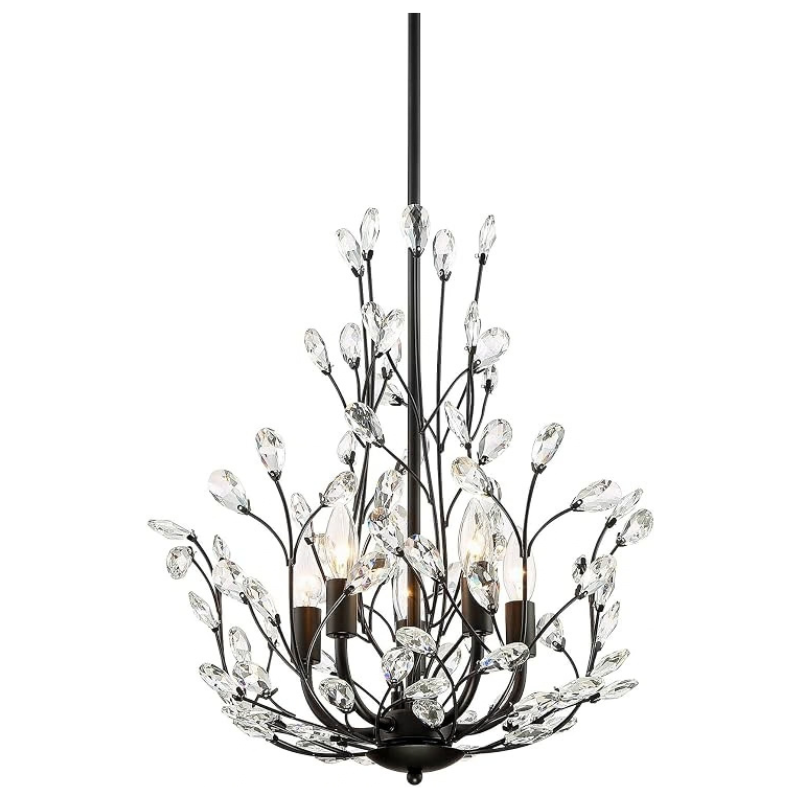 18 Inch Matte Black Floral Crystal 5 Light Chandelier