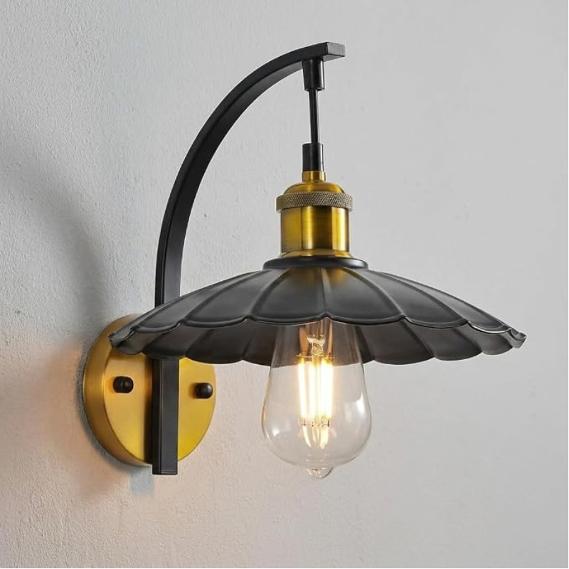 Black Scalloped Metal Shade Hardwired Wall Sconce Fixture