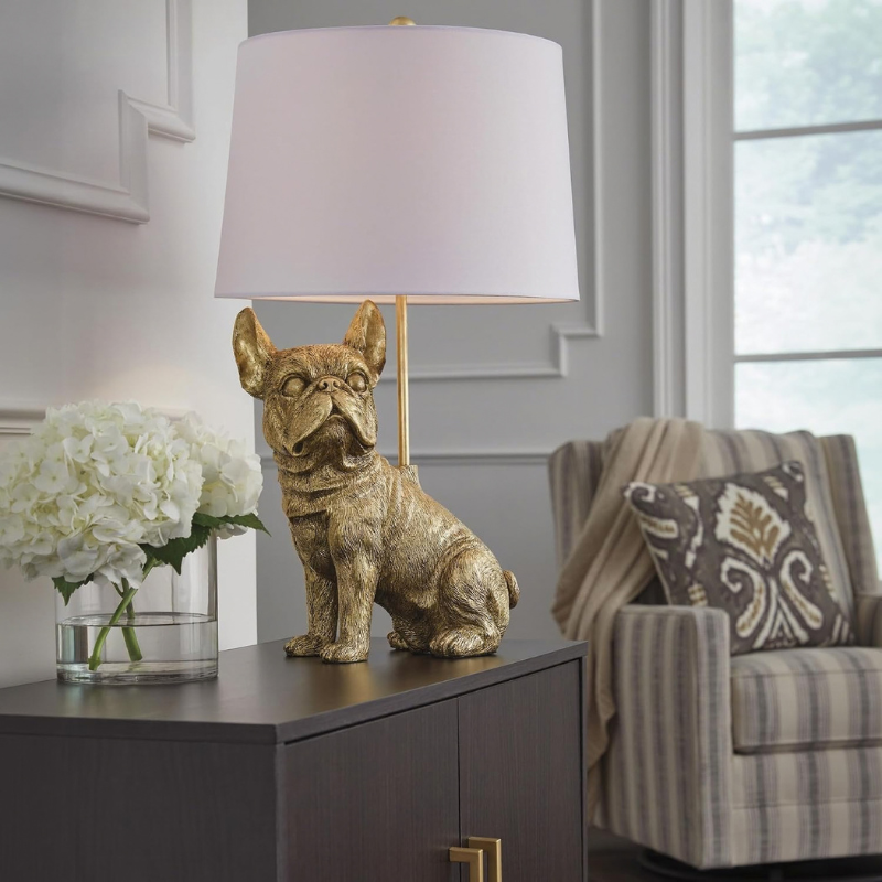 26 Inch Gold French Bulldog Resin Accent Table Lamp